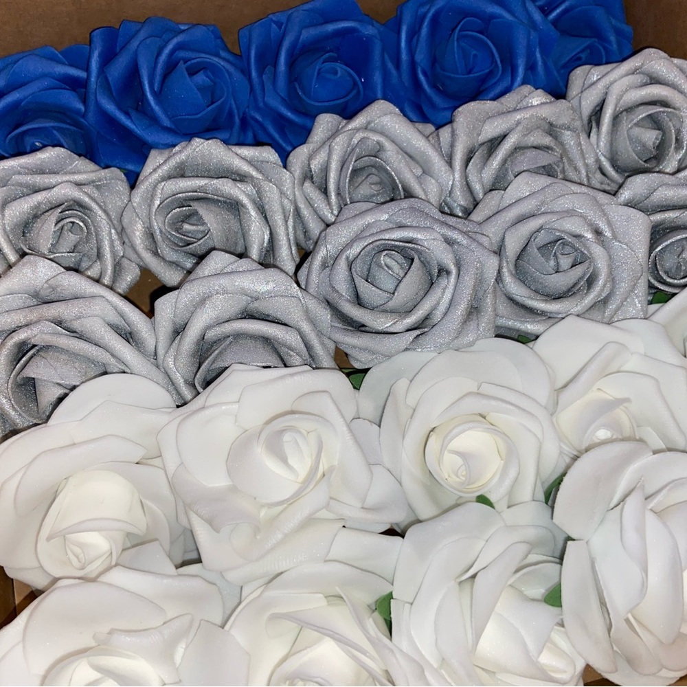 25 Count | Royal Blue Silver White Roses Wedding Bouquet Centerpiece Decor ~ New